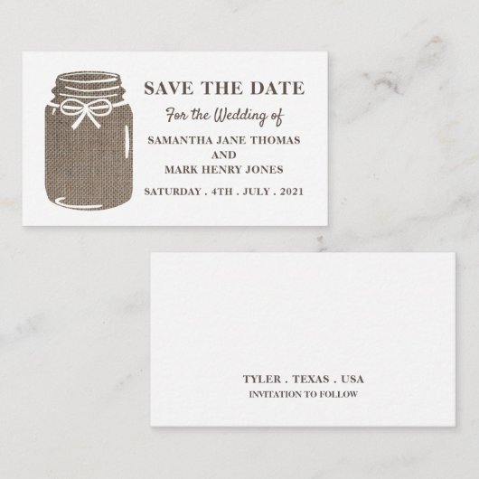 Burlap Mason Jar, Save the Date Begleitkarte (Vorne/Hinten)