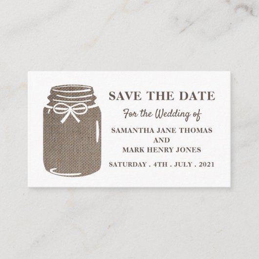 Burlap Mason Jar, Save the Date Begleitkarte (Vorderseite)