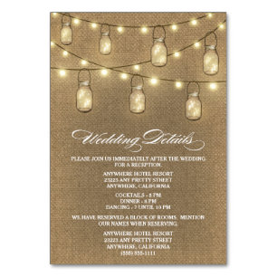 Burlap Mason Jar Wedding Empfang + Hotel Cards Tischnummer