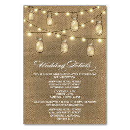Burlap Mason Jar Wedding Empfang + Hotel Cards Tischnummer