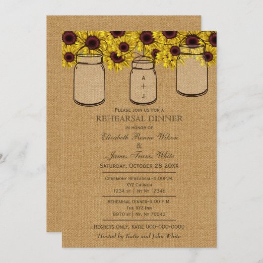 Burlap Mason Jars Sonnenblumen Probe Dinner Einladung (Vorne/Hinten)