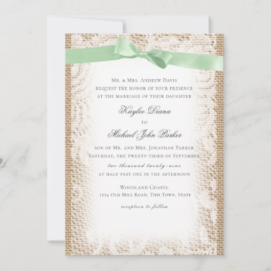 Burlap Minze Green Bow und White Lace Einladung (Vorderseite)