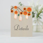 Burlap Orange Floral Mason Jars Wedding Details Begleitkarte (Stehend Vorderseite)