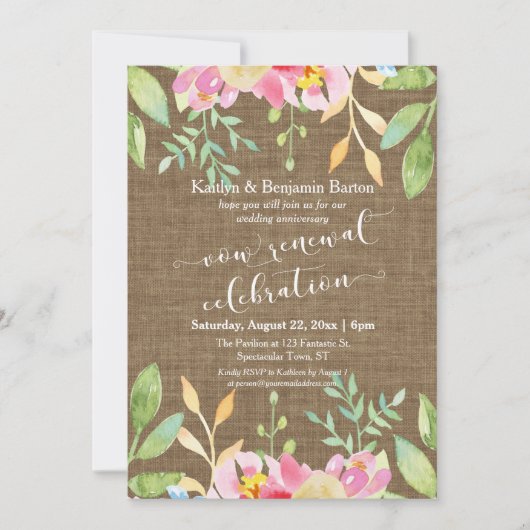 Burlap Painted Blume Vow Renewal Celebration Einladung (Vorderseite)