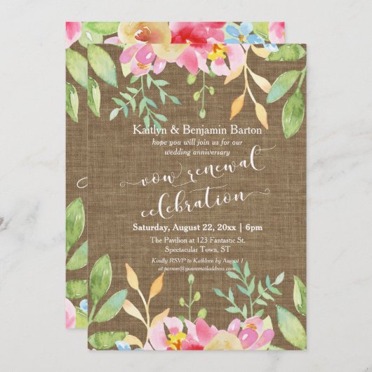Burlap Painted Blume Vow Renewal Celebration Einladung (Vorne/Hinten)