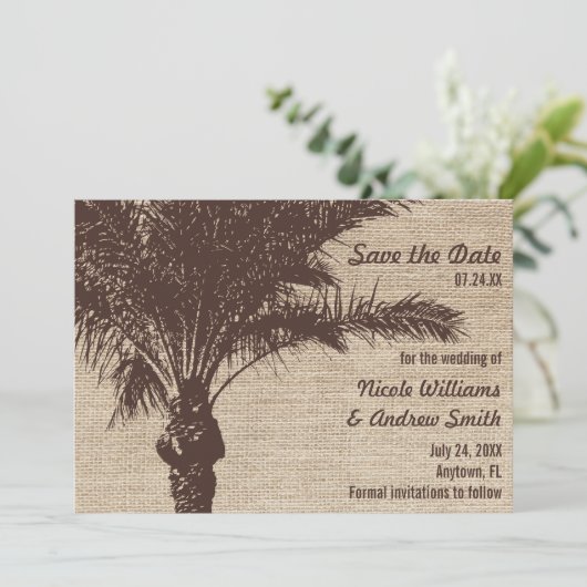 Burlap Palm Tree Brown Ankündigung Datum freihalte (Stehend Vorderseite)