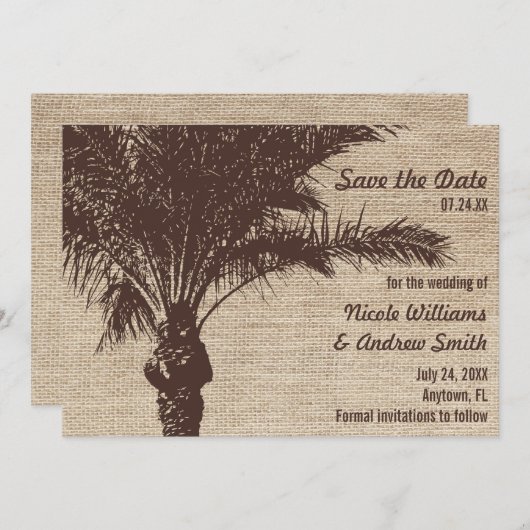 Burlap Palm Tree Brown Ankündigung Datum freihalte (Vorne/Hinten)