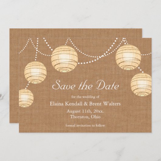 Burlap Party Lanterns Save the Date Einladung (Vorne/Hinten)