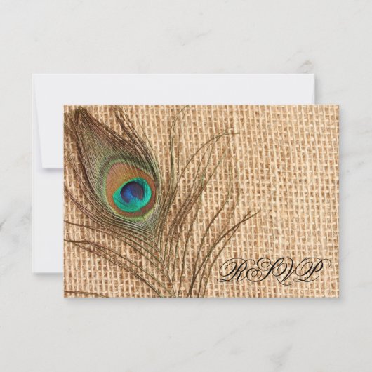 Burlap Peacock Feather Wedding RSVP Karte (Vorderseite)