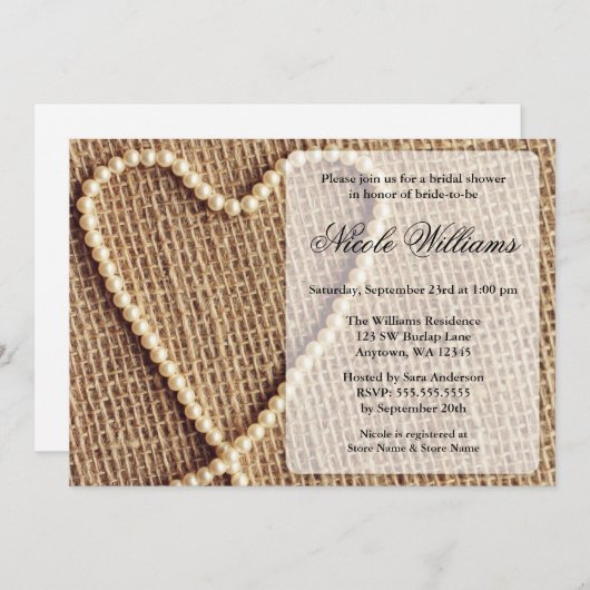 Burlap Pearl Heart Bridal Dusche Einladungen (Vorne/Hinten)