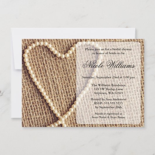 Burlap Pearl Heart Bridal Dusche Einladungen (Vorderseite)