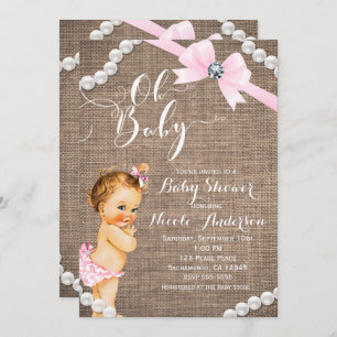 Burlap & Pearls Pink Bow Girls Baby Dusche Einladung