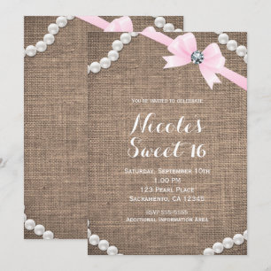 Burlap & Pearls Rosa Schleife Glamour Sweet 16 Par Einladung