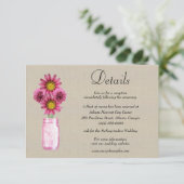 Burlap Pink Floral Mason Jar Wedding Details Begleitkarte (Stehend Vorderseite)