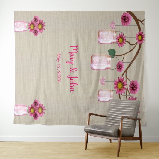 Burlap Pink Floral Mason Jars Foto Hintergrund Wandteppich (Beispiel (Horizontal))