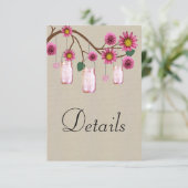 Burlap Pink Floral Mason Jars Wedding Details Begleitkarte (Stehend Vorderseite)
