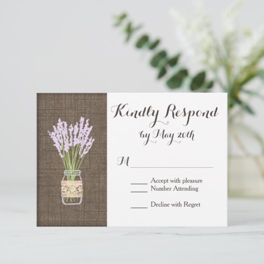 Burlap Print Mason Jar Rustic Wedding RSVP Karten (Stehend Vorderseite)