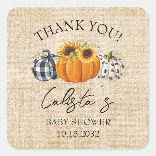 Burlap Pumpkin & Sunflower Baby Dusche Vielen Dank Quadratischer Aufkleber (Vorderseite)