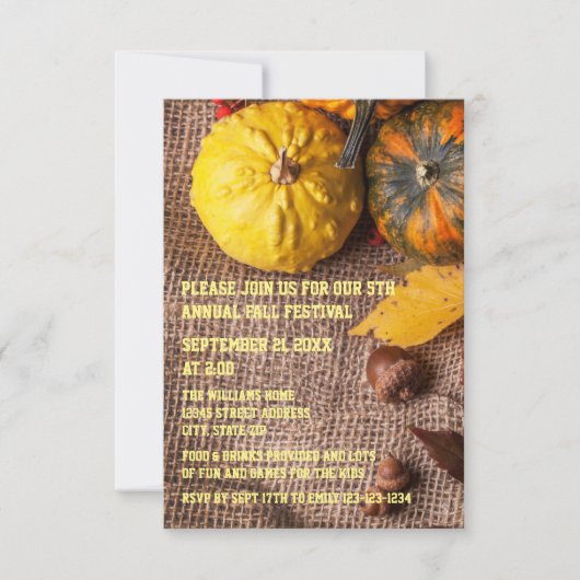 Burlap & Pumpkins - 3x5 Herbst-Party Einladung (Vorderseite)