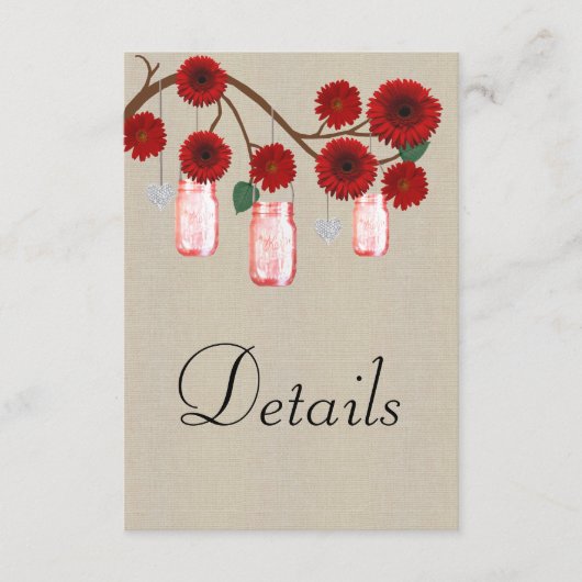Burlap Red Floral Mason Jars Wedding Details Begleitkarte (Vorderseite)