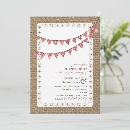 Burlap  Red Gingham Bunting Probe Einladung (Stehend Vorderseite)