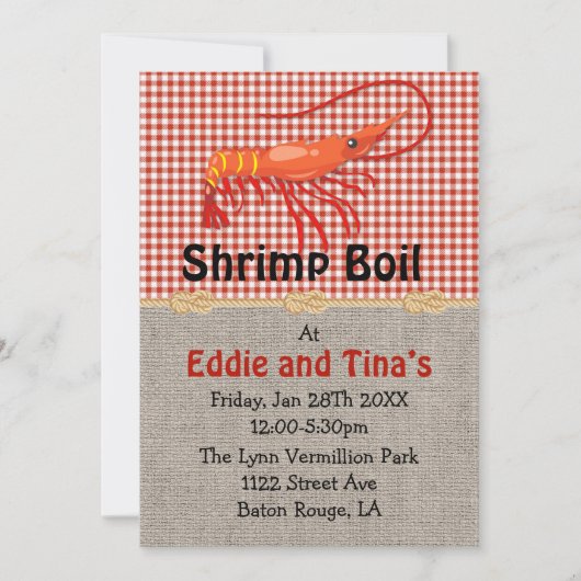 Burlap Red Gingham Shrimp Boil Einladung (Vorderseite)