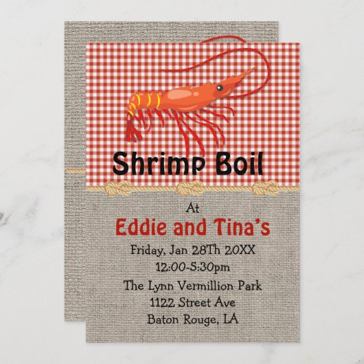 Burlap Red Gingham Shrimp Boil Einladung (Vorne/Hinten)