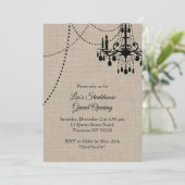 Burlap Restaurant Grand Opening mit Kronleuchter Einladung (Stehend Vorderseite)