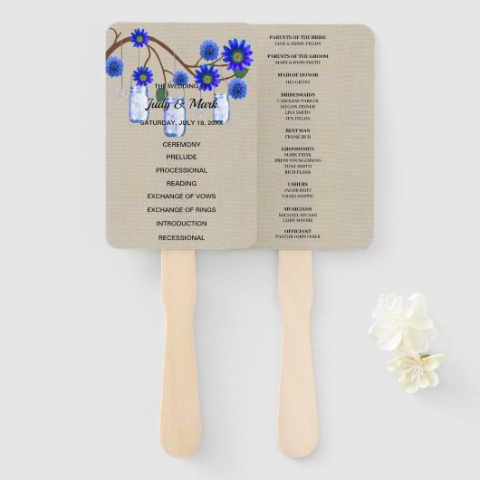 Burlap Rustic Blue Floral Mason Jars Wedding Fächer (Vorne und Hinten)
