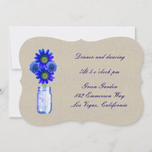 Burlap Rustic Blue Mason Jar Empfang Card Einladung (Vorderseite)