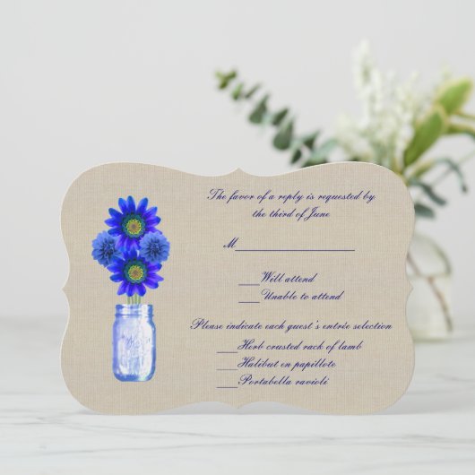 Burlap Rustic Blue Mason Jar Response Card Einladung (Stehend Vorderseite)