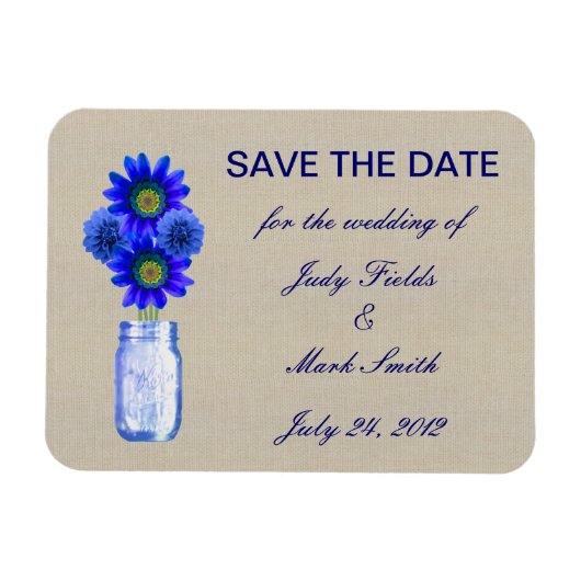 Burlap Rustic Blue Mason Jar speichern das Date Ma Magnet (Horizontal)