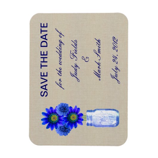 Burlap Rustic Blue Mason Jar speichern das Date Ma Magnet (Vertikal)