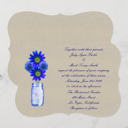 Burlap Rustic Blue Mason Jar Wedding Einladung (Vorne/Hinten)