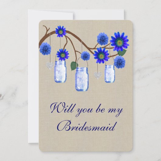 Burlap Rustic Blue Mason Jars Bridesmaid Card Einladung (Vorderseite)