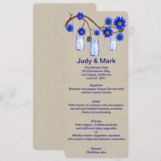 Burlap Rustic Blue Mason Jars Menu Card Menükarte (Vorne/Hinten)