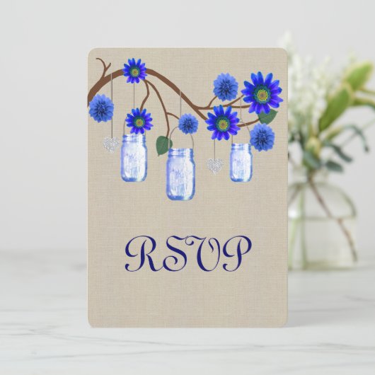 Burlap Rustic Blue Mason Jars Response Card Einladung (Stehend Vorderseite)