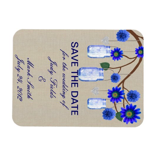 Burlap Rustic Blue Mason Jars retten das Date Magn Magnet (Horizontal)