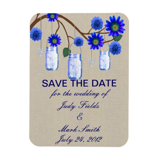 Burlap Rustic Blue Mason Jars retten das Date Magn Magnet (Vertikal)