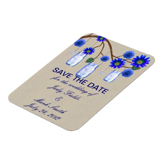 Burlap Rustic Blue Mason Jars retten das Date Magn Magnet (Linke Seite)