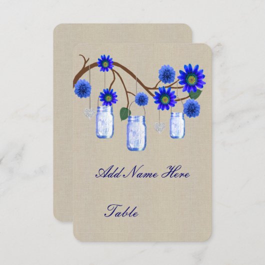 Burlap Rustic Blue Mason Jars Table Platzkarte (Vorne/Hinten)