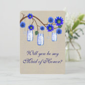 Burlap Rustic Blue Mason Jars Trauzeugin Card Einladung (Stehend Vorderseite)