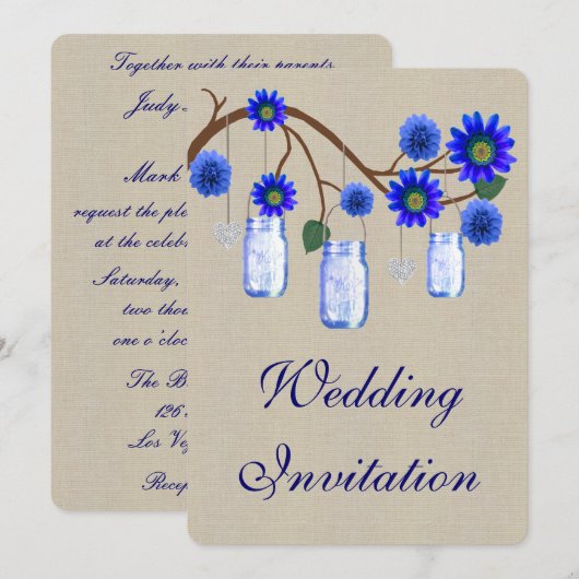 Burlap Rustic Blue Mason Jars Wedding Einladung (Vorne/Hinten)