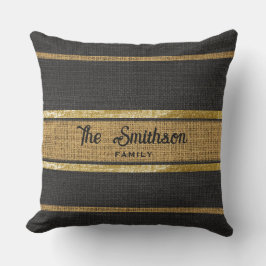 Burlap Rustic Brown Black Gold Custom Familienname Kissen