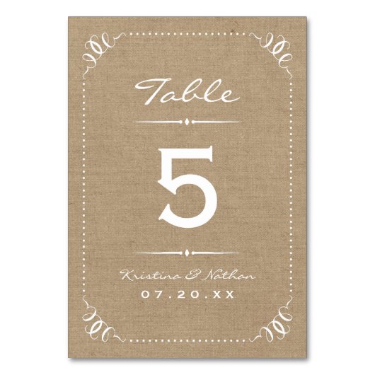 Burlap Rustic Chic Tischnummern (Vorderseite)