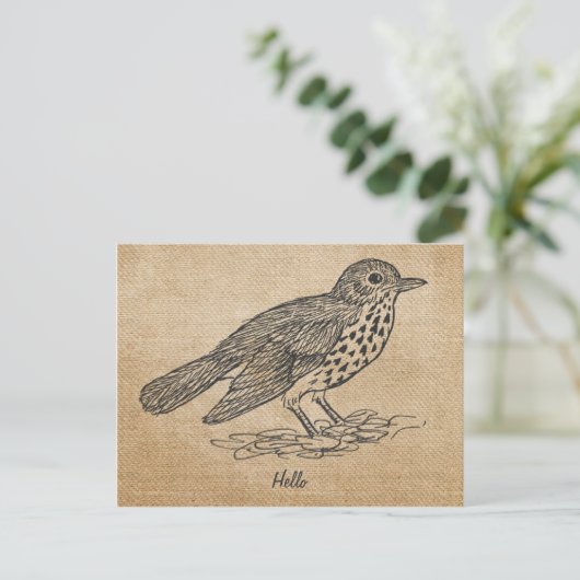 Burlap Rustic Hello Little bird Postkarte (Stehend Vorderseite)