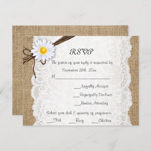 Burlap Rustic Lace Daisy Blume Wedding RSVP Card (Vorne/Hinten)
