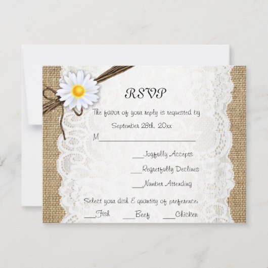 Burlap Rustic Lace Daisy Blume Wedding RSVP Card Karte (Vorderseite)