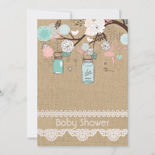 Burlap Rustic Lace Mason Jar Baby Shower Einladung (Vorderseite)