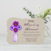 Burlap Rustic Lila Mason Jar Bridesmaid Card Einladung (Stehend Vorderseite)